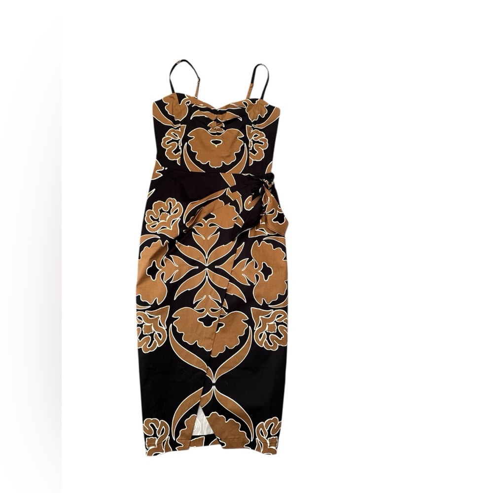 White House Black Market Tan and Black Patterned Midi Dress NWOT